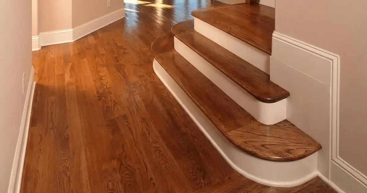 Base floor of a staircase with professionally restored wood flooring in Houston TX