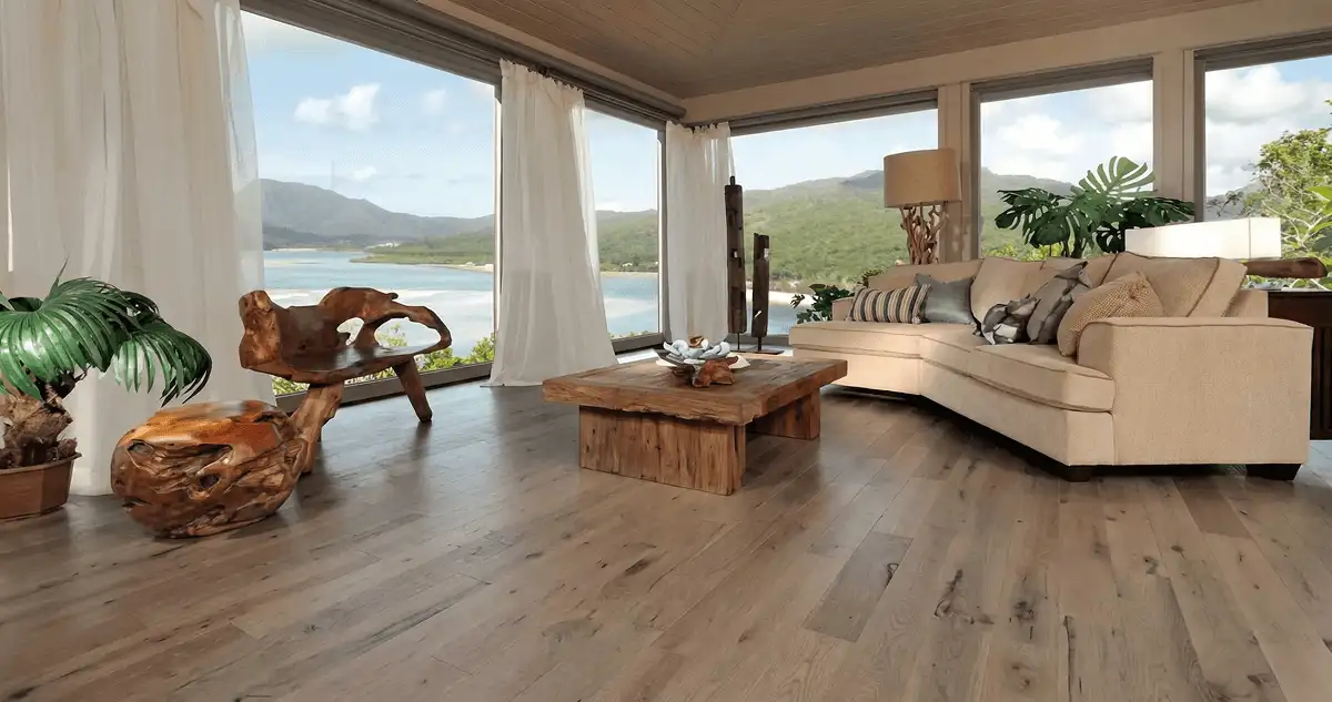 Professionally installed vinyl flooring in a modern living room with large windows in Houston, TX